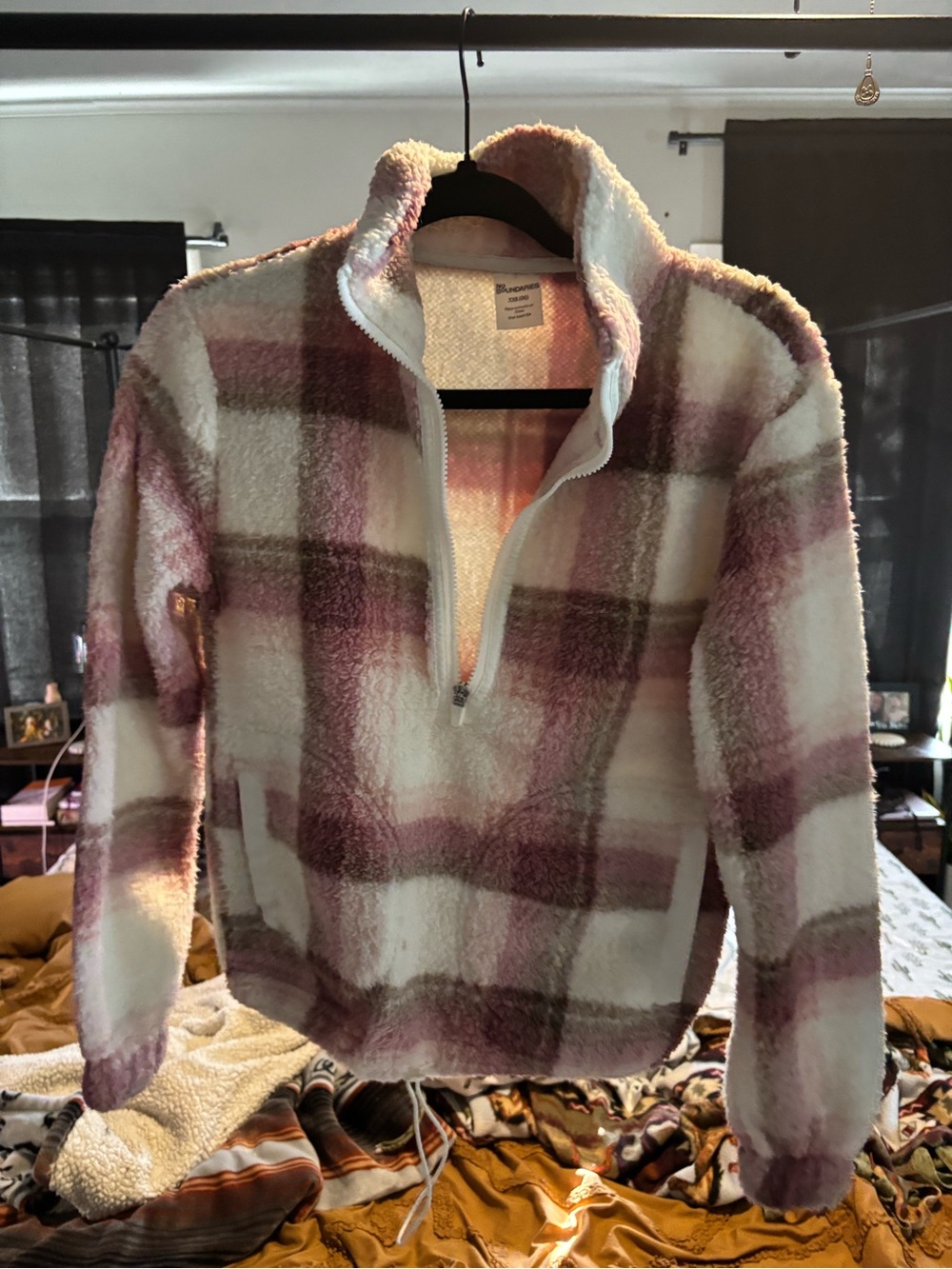No Boundaries Plush Plaid Half-Zip Teddy Jacket - Pink & White